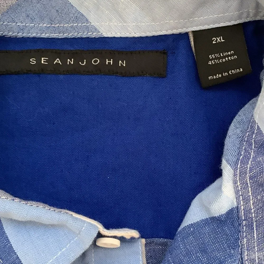 Sean John Blue White Casual Button Down Shirt Sort Sleeve Linen Cotton Size 2XL